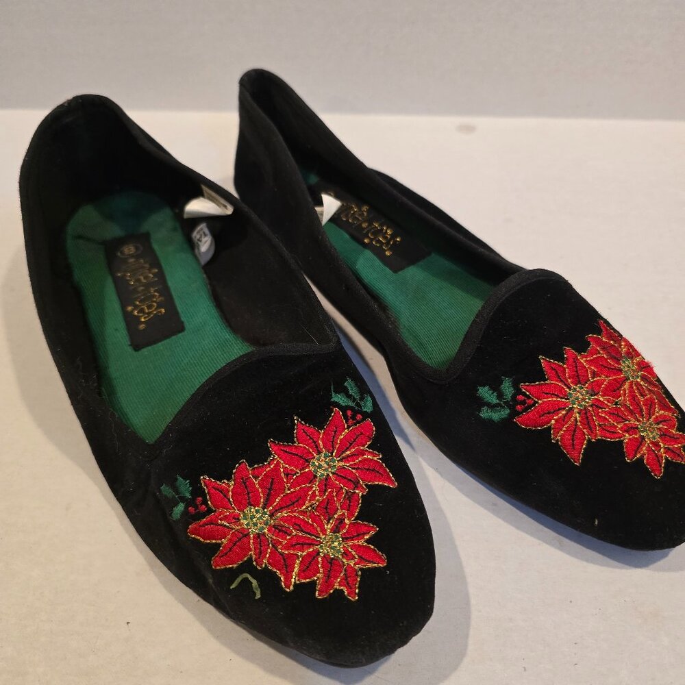 Women's Flat Shoes Black Velvet Embroidered Poinsettia Design Tinsel Toes Size 8